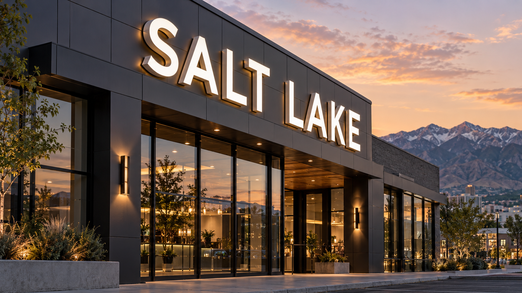 Illuminated channel letters on a modern commercial storefront at dusk