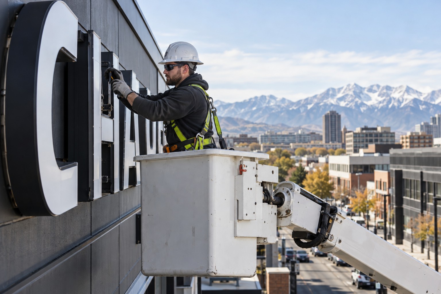 Sign technician servicing a commercial sign from a bucket truck