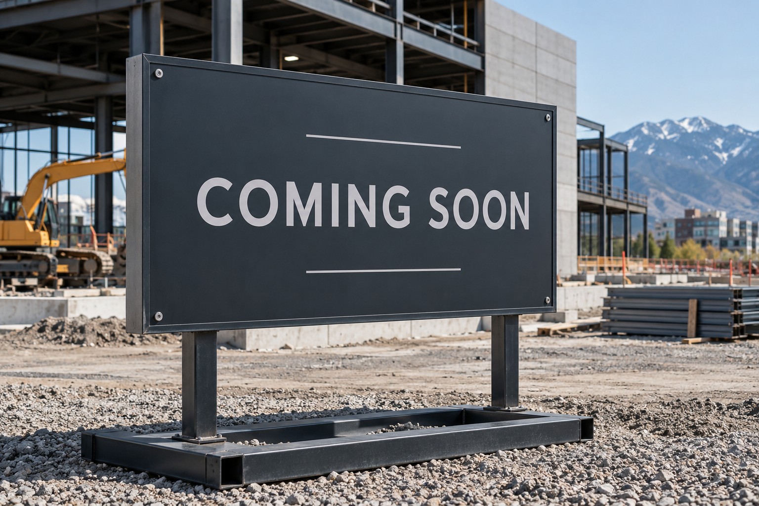 Steel skid-mounted development sign at a construction site