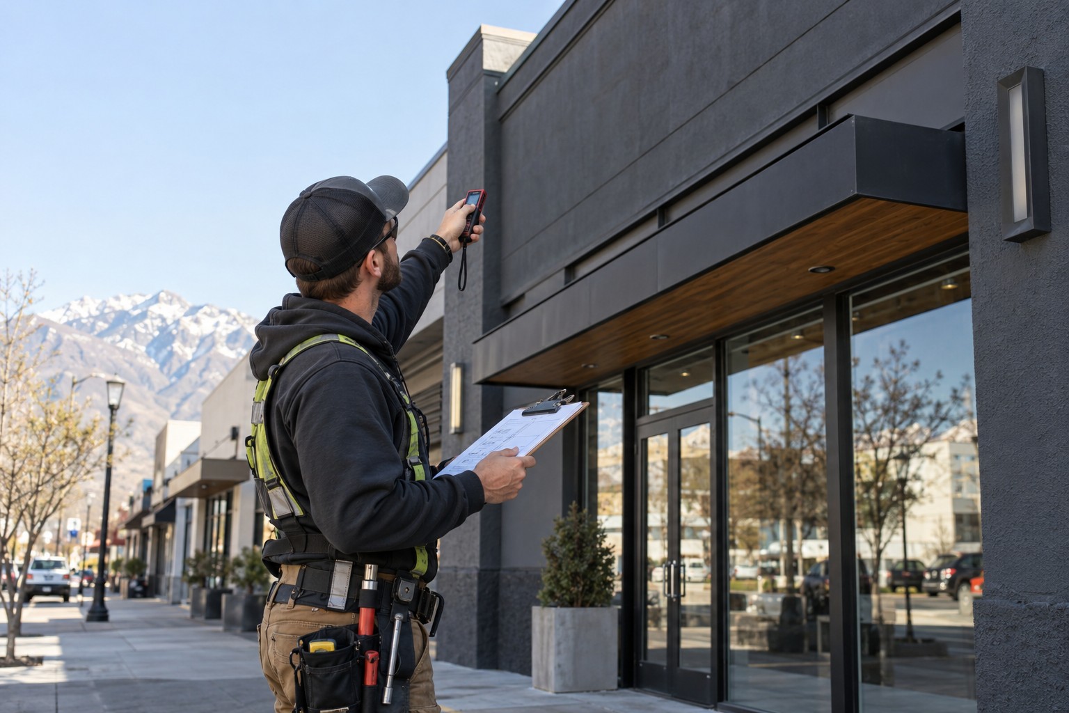 Technician measuring a storefront for a sign survey